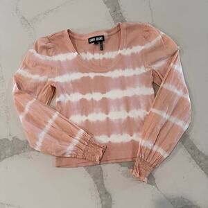 DKNY Long Sleeve Pink Tie-Dye Ribbed Top Women's Small Scoop Neck Smocked Cuffs
